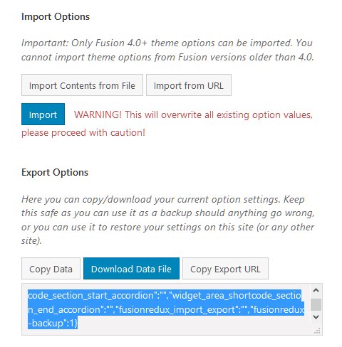 Avada options import screen