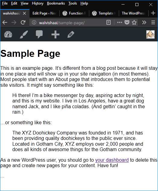 WordPress page display with a template